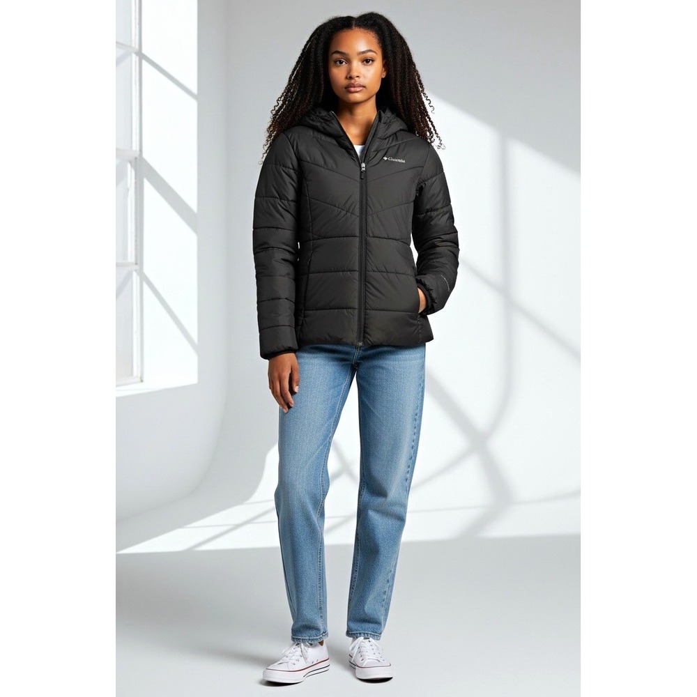 Columbia Youth XL Black Puffer Jacket Hooded Quilted Full Zip Lined Pockets.